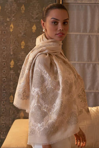 Stole Indian Wedding Wear - Beige Royal Crest Wool Silk by Mauli