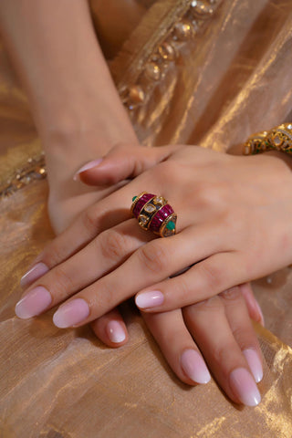 Kundan Ring for Indian Weddings – Red Ruby Barrel by Amraani