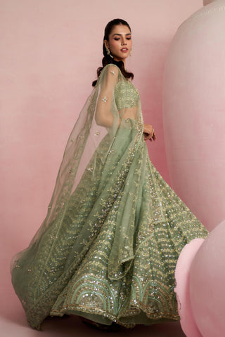 Lehenga Set For Indian Wedding - Green Solene Lehenga Set by Prevasu