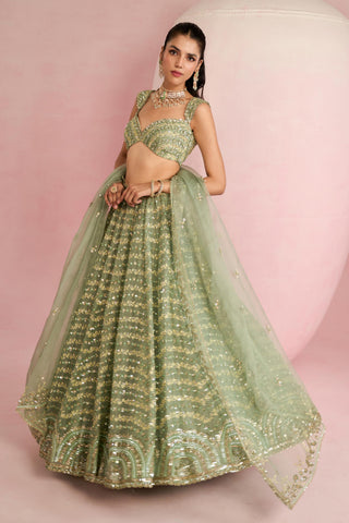 Lehenga Set For Indian Wedding - Green Solene Lehenga Set by Prevasu
