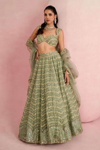 Lehenga Set For Indian Wedding - Green Solene Lehenga Set by Prevasu