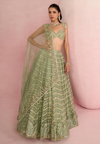 Lehenga Set For Indian Wedding - Green Solene Lehenga Set by Prevasu