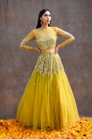 Lemon green mirror lehenga set