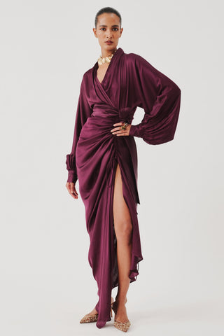 Draped dress contemporary wear – Maroon Contemporary Elegance by Aroka