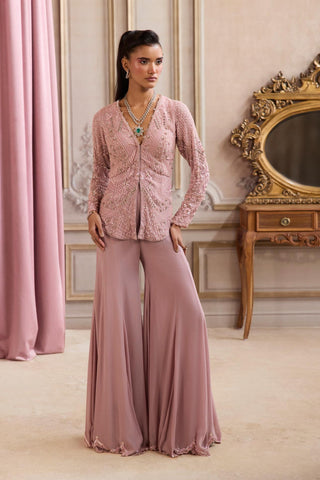 Peplum Set for Contemporary Wear – Pink Rose Tailored Pants by Sanya Gulati