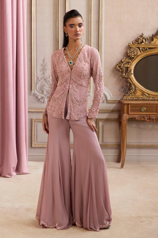 Peplum Set for Contemporary Wear – Pink Rose Tailored Pants by Sanya Gulati