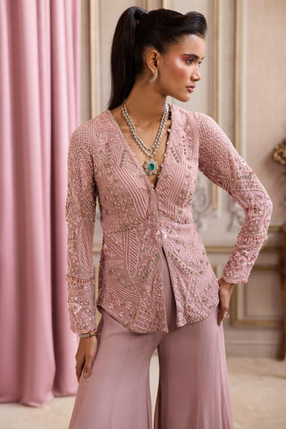 Peplum Set for Contemporary Wear – Pink Rose Tailored Pants by Sanya Gulati