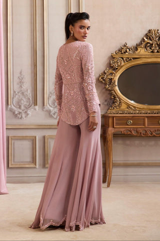 Peplum Set for Contemporary Wear – Pink Rose Tailored Pants by Sanya Gulati