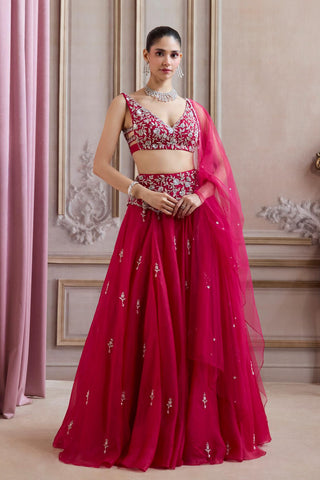 Organza Lehenga for Indian Weddings – Embroidered Pink with Belt by Sanya Gulati