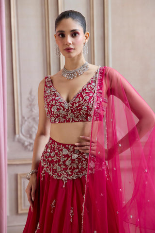 Organza Lehenga for Indian Weddings – Embroidered Pink with Belt by Sanya Gulati
