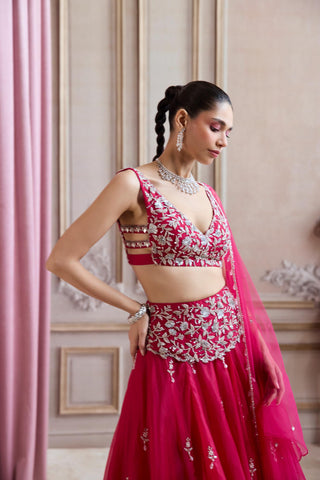 Organza Lehenga for Indian Weddings – Embroidered Pink with Belt by Sanya Gulati