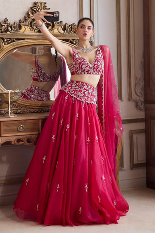 Organza Lehenga for Indian Weddings – Embroidered Pink with Belt by Sanya Gulati