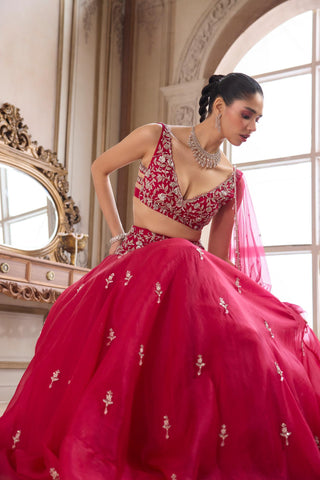 Organza Lehenga for Indian Weddings – Embroidered Pink with Belt by Sanya Gulati