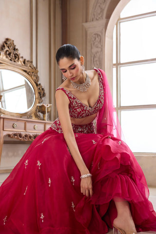 Organza Lehenga for Indian Weddings – Embroidered Pink with Belt by Sanya Gulati