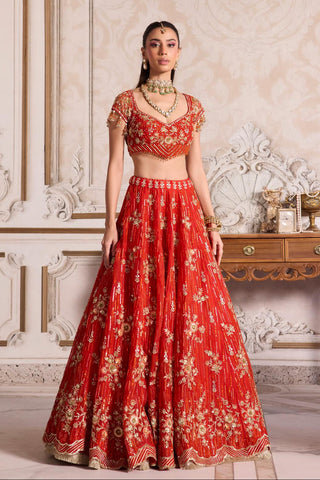 Lehenga Set for Indian Weddings – Orange Rust Festive Ensemble by Sanya Gulati