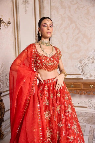 Lehenga Set for Indian Weddings – Orange Rust Festive Ensemble by Sanya Gulati