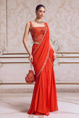 Pre-Draped Saree for Contemporary Wear – Orange Corset Drape by Sanya Gulati