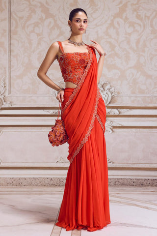 Pre-Draped Saree for Contemporary Wear – Orange Corset Drape by Sanya Gulati