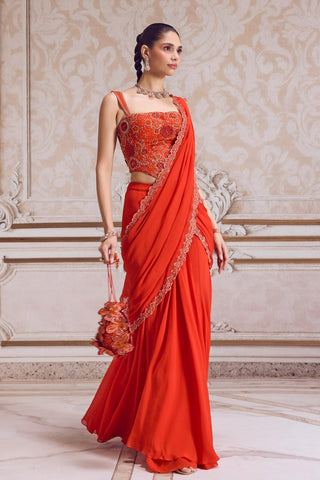 Pre-Draped Saree for Contemporary Wear – Orange Corset Drape by Sanya Gulati