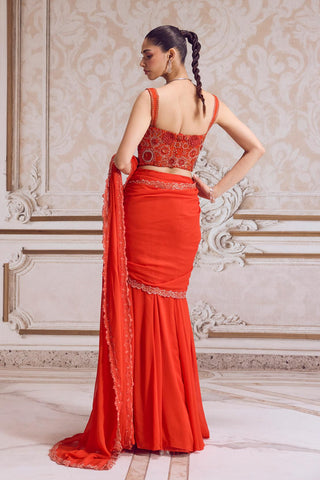 Pre-Draped Saree for Contemporary Wear – Orange Corset Drape by Sanya Gulati