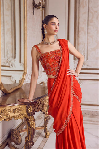 Pre-Draped Saree for Contemporary Wear – Orange Corset Drape by Sanya Gulati