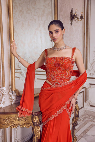 Pre-Draped Saree for Contemporary Wear – Orange Corset Drape by Sanya Gulati