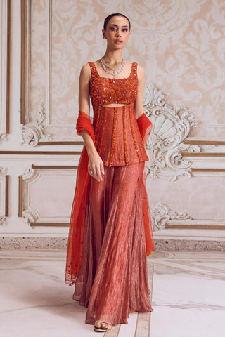 Corset Sharara Set for Indian Festive Wear – Orange Rust Tissue Corset by Sanya Gulati
