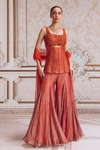 Corset Sharara Set for Indian Festive Wear – Orange Rust Tissue Corset by Sanya Gulati