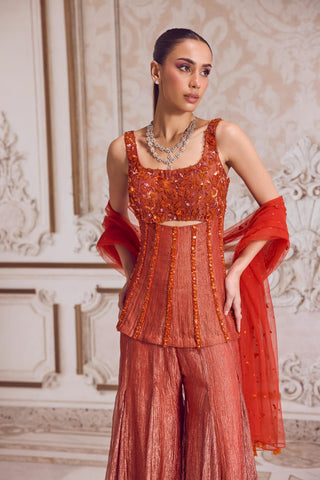 Corset Sharara Set for Indian Festive Wear – Orange Rust Tissue Corset by Sanya Gulati