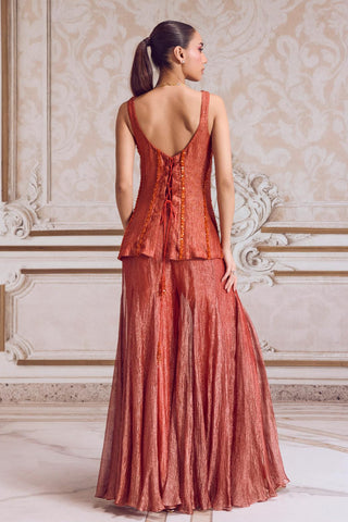 Corset Sharara Set for Indian Festive Wear – Orange Rust Tissue Corset by Sanya Gulati