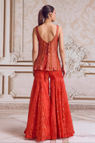 Corset Sharara Set for Wedding Wear – Orange Rust Organza Corset by Sanya Gulati