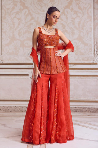 Corset Sharara Set for Wedding Wear – Orange Rust Organza Corset by Sanya Gulati