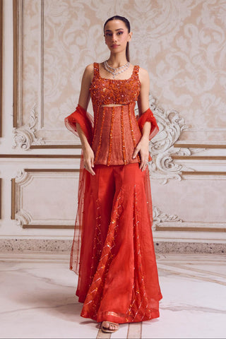 Corset Sharara Set for Wedding Wear – Orange Rust Organza Corset by Sanya Gulati