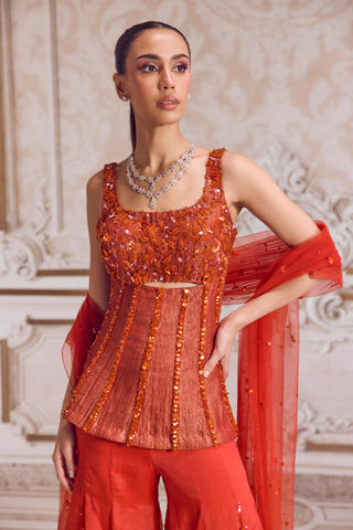 Corset Sharara Set for Wedding Wear – Orange Rust Organza Corset by Sanya Gulati