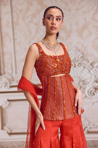 Corset Sharara Set for Wedding Wear – Orange Rust Organza Corset by Sanya Gulati