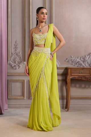 Pre-Draped Saree Set for Festive Events – Green Belted Saree by Sanya Gulati