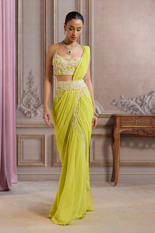 Pre-Draped Saree Set for Festive Events – Green Belted Saree by Sanya Gulati
