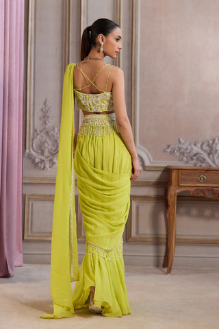 Pre-Draped Saree Set for Festive Events – Green Belted Saree by Sanya Gulati