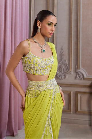 Pre-Draped Saree Set for Festive Events – Green Belted Saree by Sanya Gulati