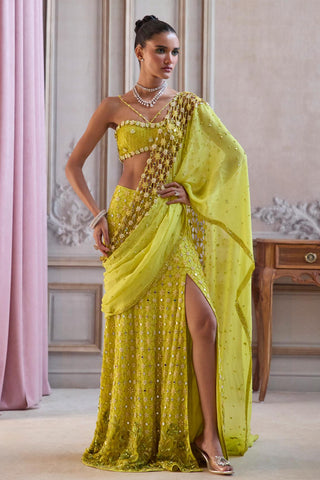 Slit Saree Set for Contemporary Occasions – Green Cutwork Palla by Sanya Gulati