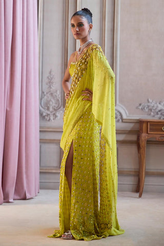 Slit Saree Set for Contemporary Occasions – Green Cutwork Palla by Sanya Gulati