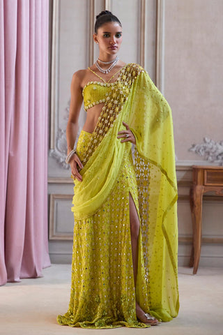 Slit Saree Set for Contemporary Occasions – Green Cutwork Palla by Sanya Gulati