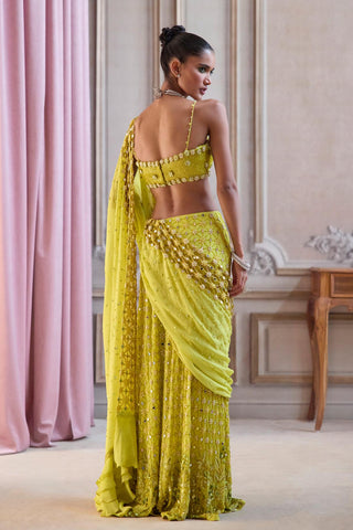 Slit Saree Set for Contemporary Occasions – Green Cutwork Palla by Sanya Gulati