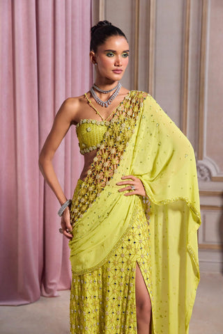 Slit Saree Set for Contemporary Occasions – Green Cutwork Palla by Sanya Gulati