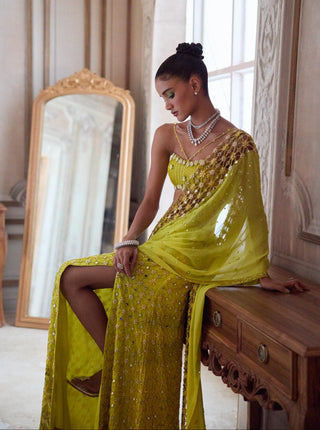 Slit Saree Set for Contemporary Occasions – Green Cutwork Palla by Sanya Gulati