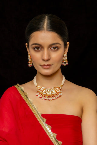 Choker for Festive – White Adjustable Dori with Earrings by Shlok Jewels