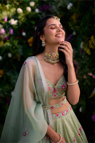 Lehenga Set for Indian Wedding – Smoke Green Zardozi by Shyam Narayan Prasad