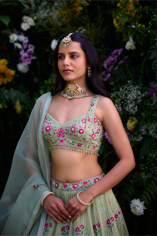 Lehenga Set for Indian Wedding – Smoke Green Zardozi by Shyam Narayan Prasad