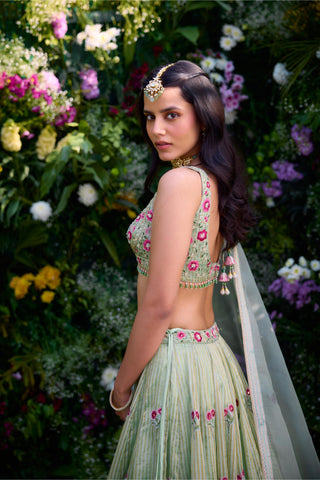 Lehenga Set for Indian Wedding – Smoke Green Zardozi by Shyam Narayan Prasad