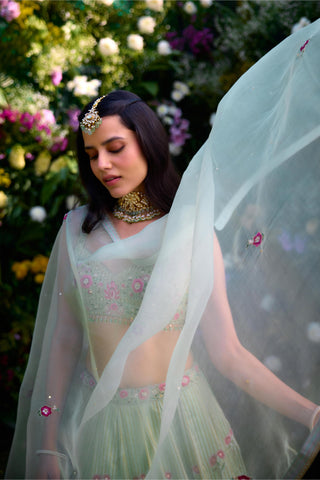 Lehenga Set for Indian Wedding – Smoke Green Zardozi by Shyam Narayan Prasad
